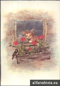 Postal Antigo - Gatinho  janela