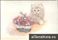 Postal Antigo - Gatinho com cesto de flores