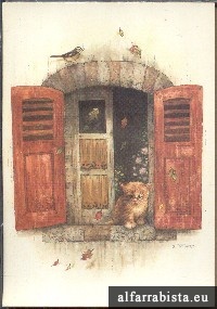 Postal Antigo - Gatinho  janela