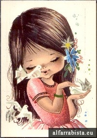 Postal Antigo - Menina com p�ssaros